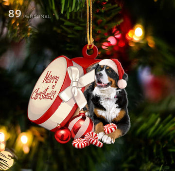 Bernese Mountain out of Merry Christmas box - Shaped two sides ornament