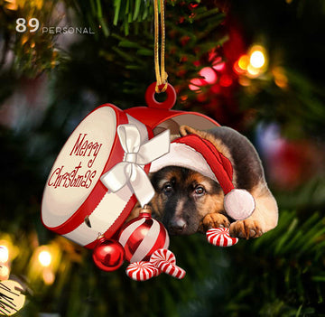German shepherd out of Merry Christmas box - Shaped two sides ornament