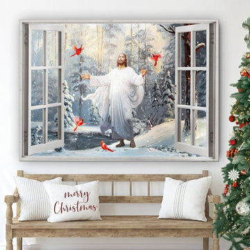Cardinal walking with Jesus into the winter forest - Matte Canvas