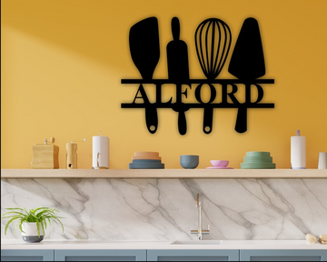 Baking tools personalized name kitchen decor Metal House Sign