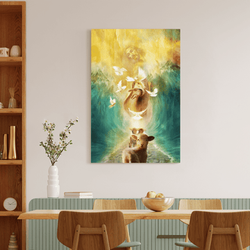 Jesus the lamp and the dove walking through the water with the waves - Matte Canvas