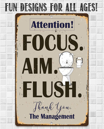 Attention Focus Aim Flush - Funny Wall Art Decoration For Toilet, Restroom - Classic Metal Signs
