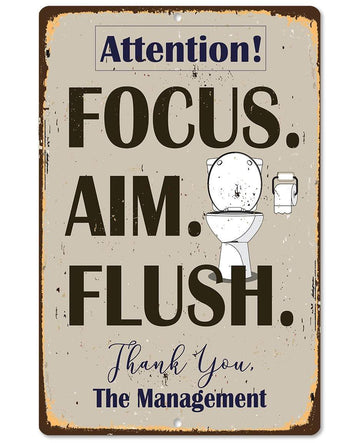 Attention Focus Aim Flush - Funny Wall Art Decoration For Toilet, Restroom - Classic Metal Signs