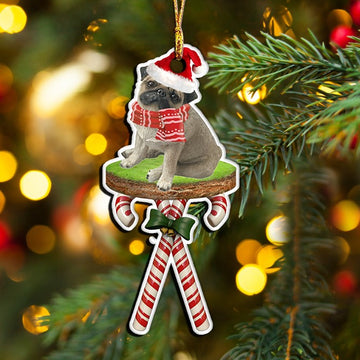 Pug Sitting on Christmas candy cane round - Shaped ornament