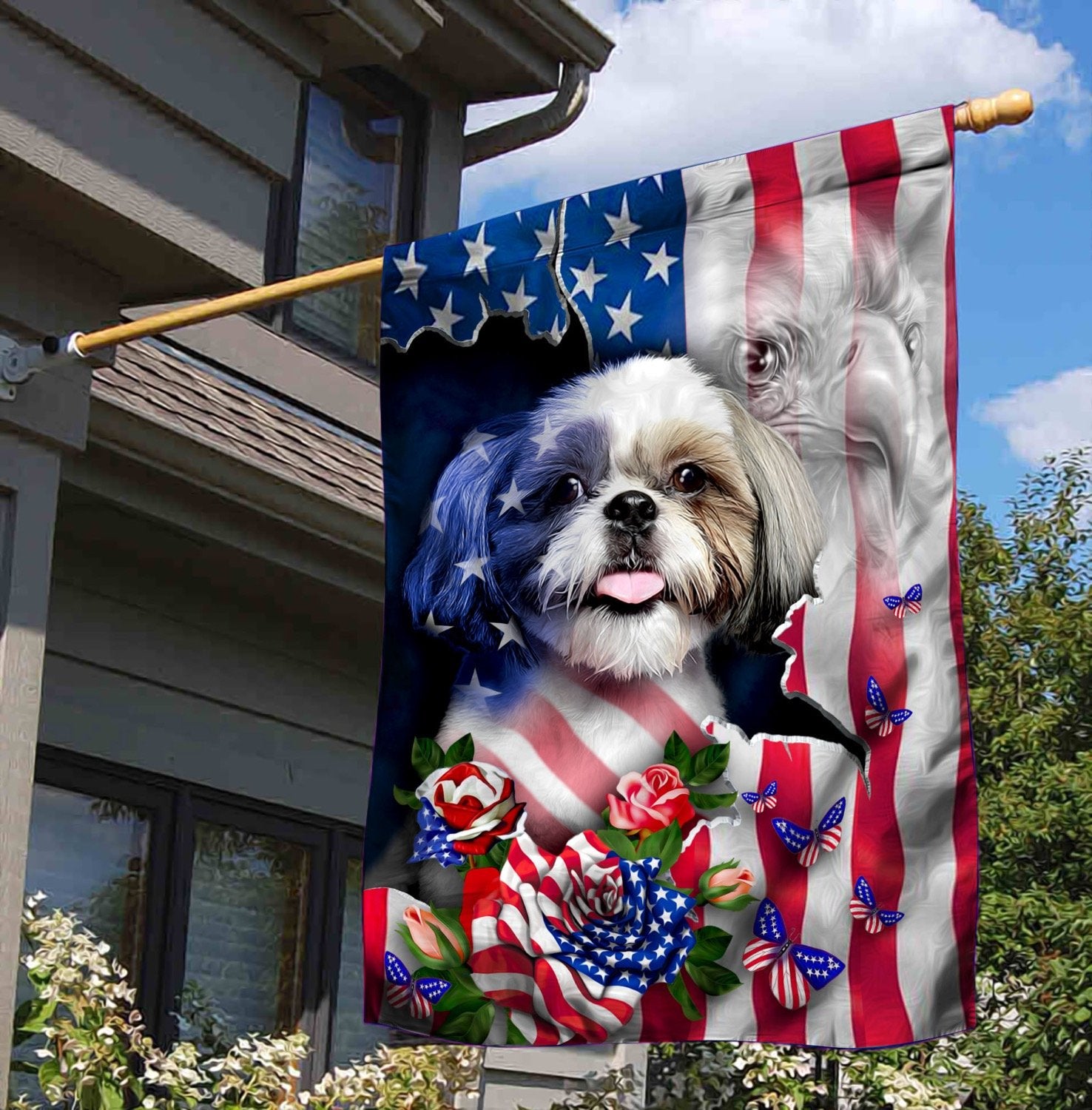 shih tzu dog american patriot flag independence day