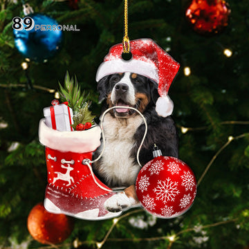 Bernese Mountain Dog With Red Christmas Boot - Two Sided Ornament