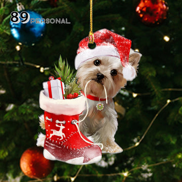 Cute Yorkshire Terrier With Red Christmas Boot - Two Sided Ornament