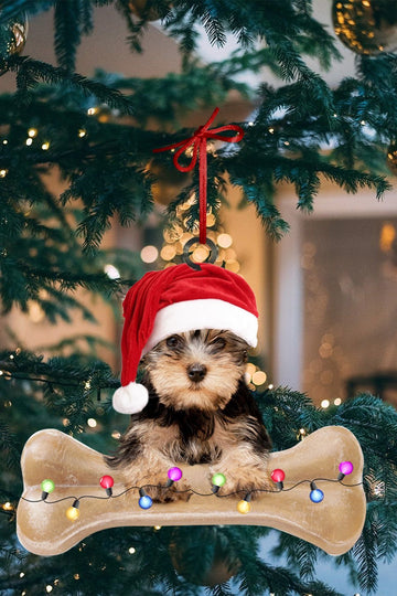 Yorkshire Terrier on twinkle light bone Shape Ornament