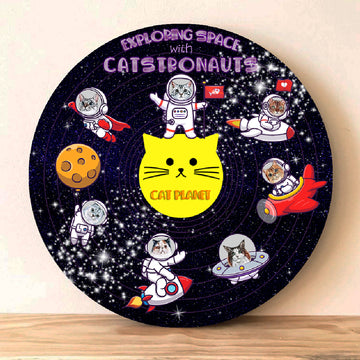 VHH 11 Cat Lovers Exploring Scape With Catstronaut - Round Wooden House Sign, gift for Cat lovers