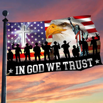 In God We Trust, Christian Cross, Thank You Veterans, American Eagle Flag - House Flag