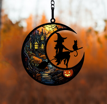 Halloween Suncatcher Ornament, Witch And Her Cat Suncatcher Ornament, Halloween Ornament Decor Gift For Her, Halloween Gift For Cat Lover