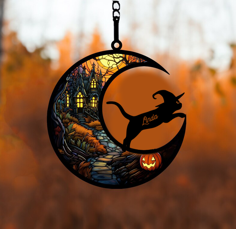 Personalized Witchy Cat Suncatcher Ornament, Custom Name Halloween Suncatcher Ornament Decor Gift, Halloween Gift For Cat Lover