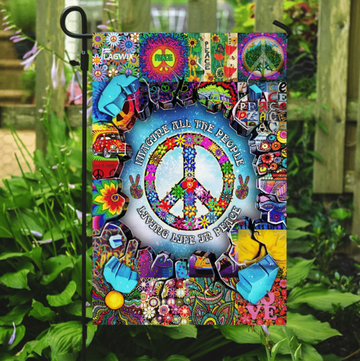 Hippie Peace Finger Imagine All The People Living Life In Peace Flower Colorful - House Flag
